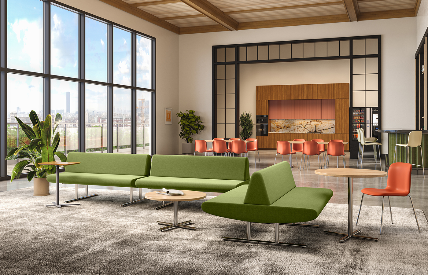 Bright corporate lounge with green modular Rova seating and orange accent chairs near floor-to-ceiling windows