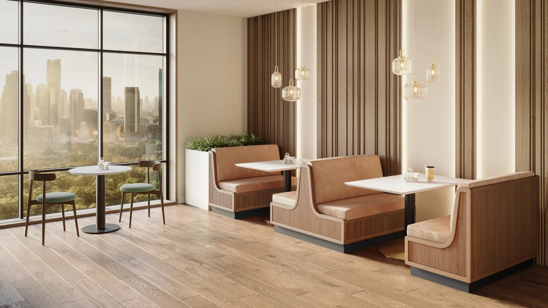 Falcon Trenton booth seating in a bright lounge with city views, wood tambour details and modern pendant lighting