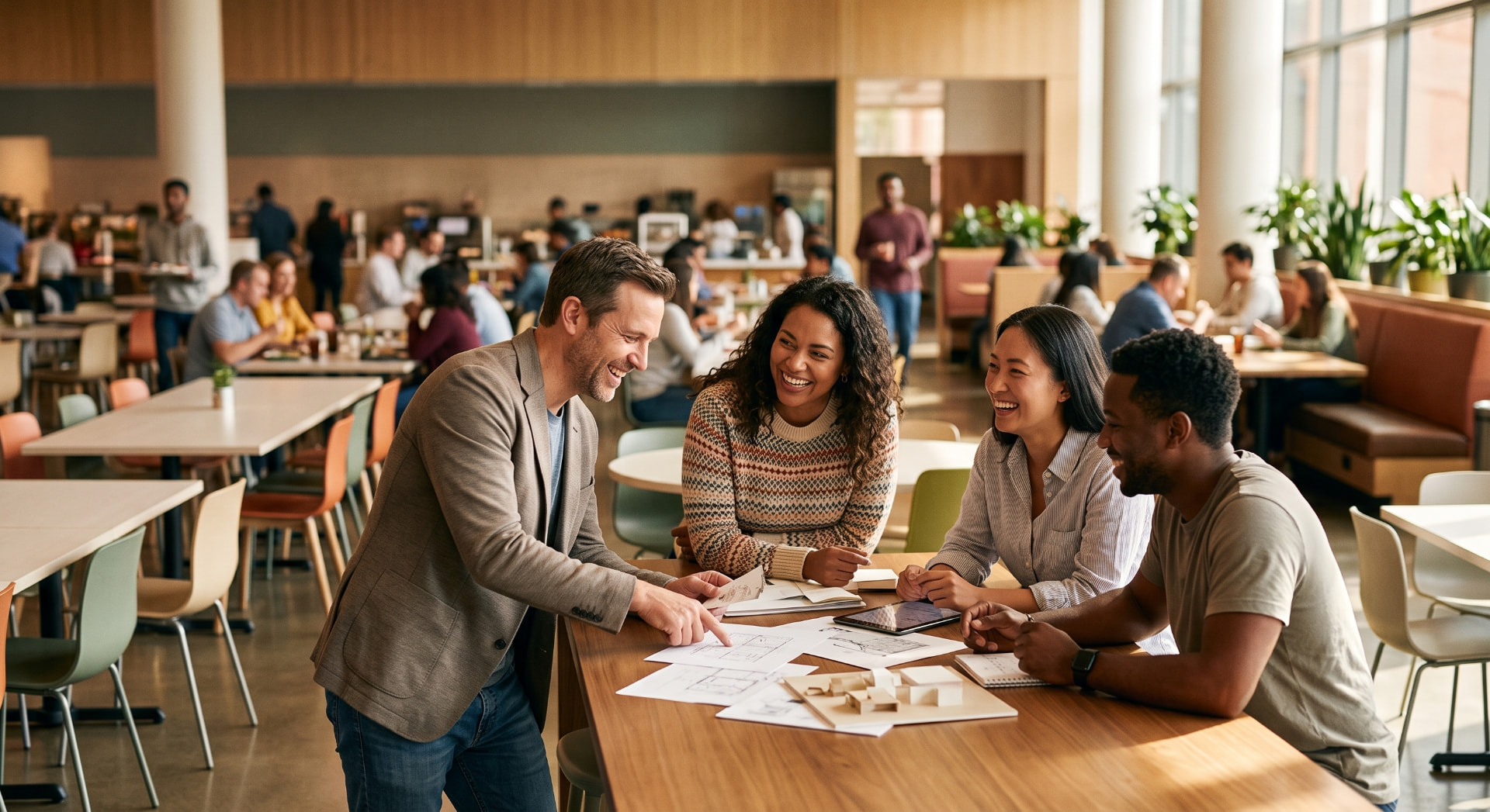 Team collaborating around furniture plans in a bright shared workspace
